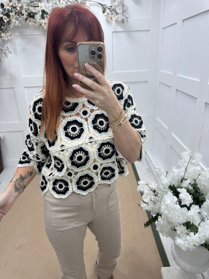 Candy: Black and cream short crochet top. One size: 12-16