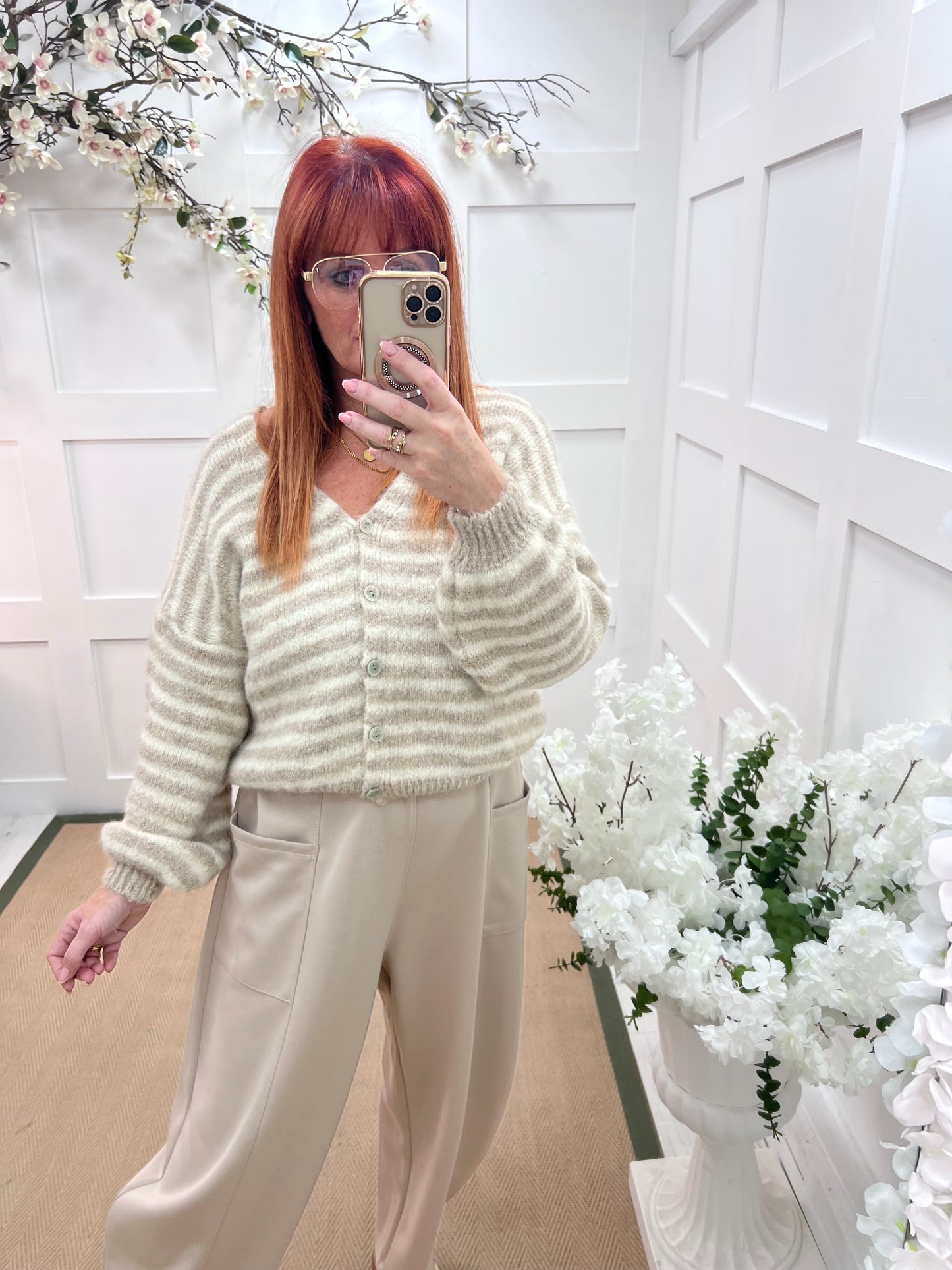 Rowan: Cream stripe V neck cardigan. One size: 12-18