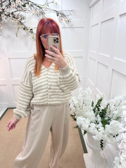 Rowan: Cream stripe V neck cardigan. One size: 12-18