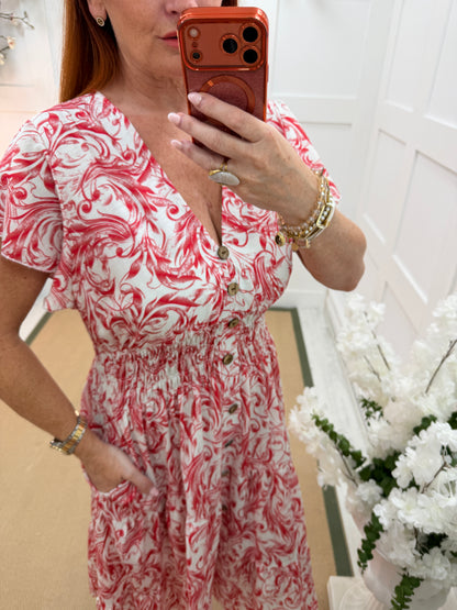 Danni: Red & cream leaf stretchy V neck midi dress. One size: 10-18