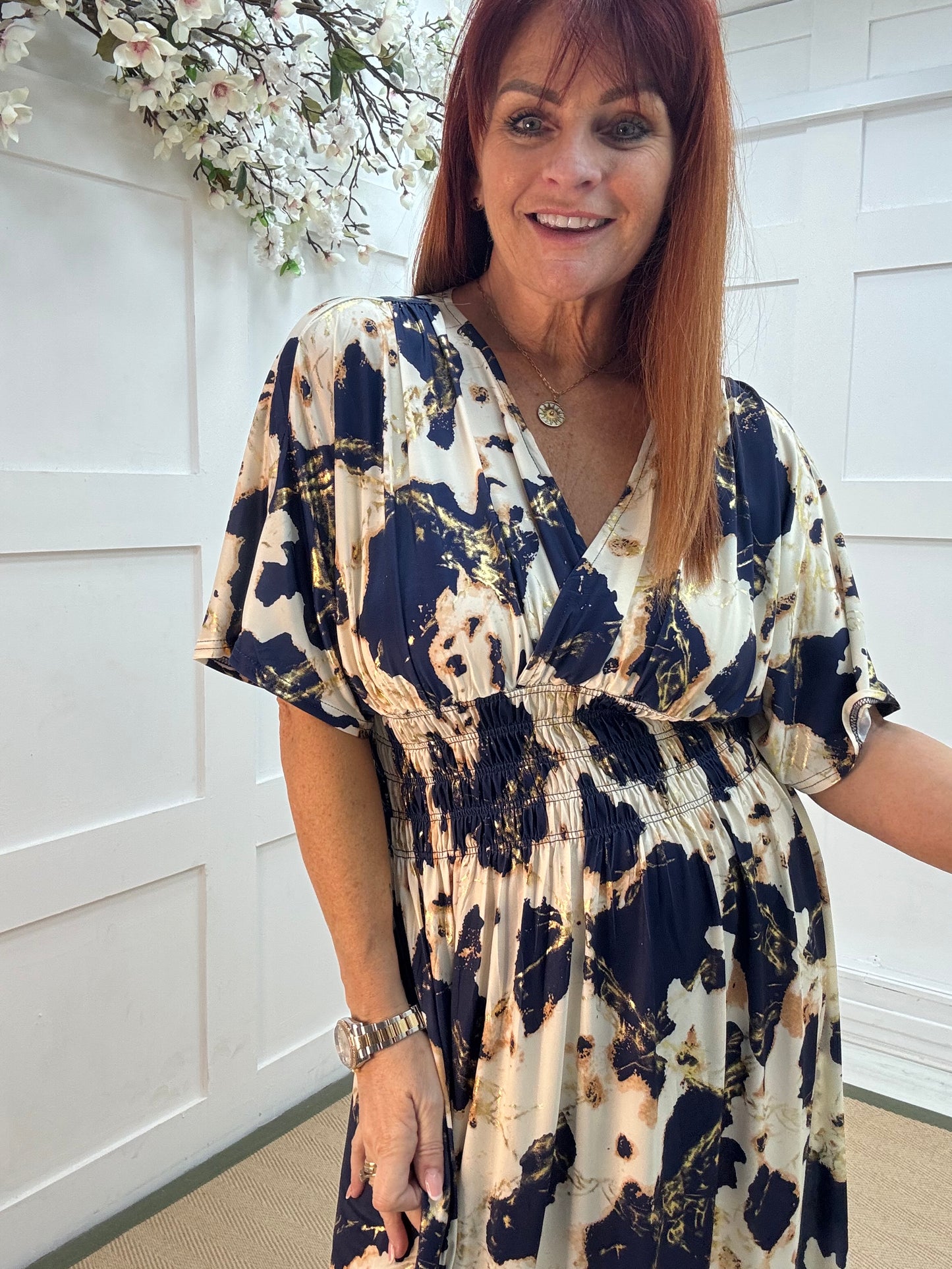 Dixi: Navy & cream stretchy midi wrap dress. One size 12-22