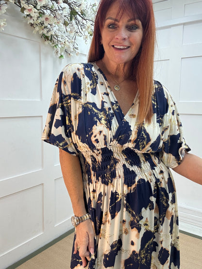 Dixi: Navy & cream stretchy midi wrap dress. One size 12-22