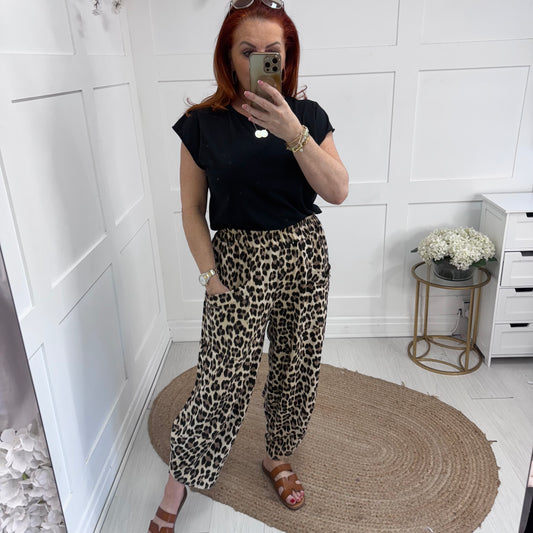 Connie: Leopard print cocoon harem trousers. One Sz: 10-18