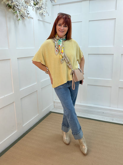 Carrie: Honey mustard short knitted top. One size: 12-18/20