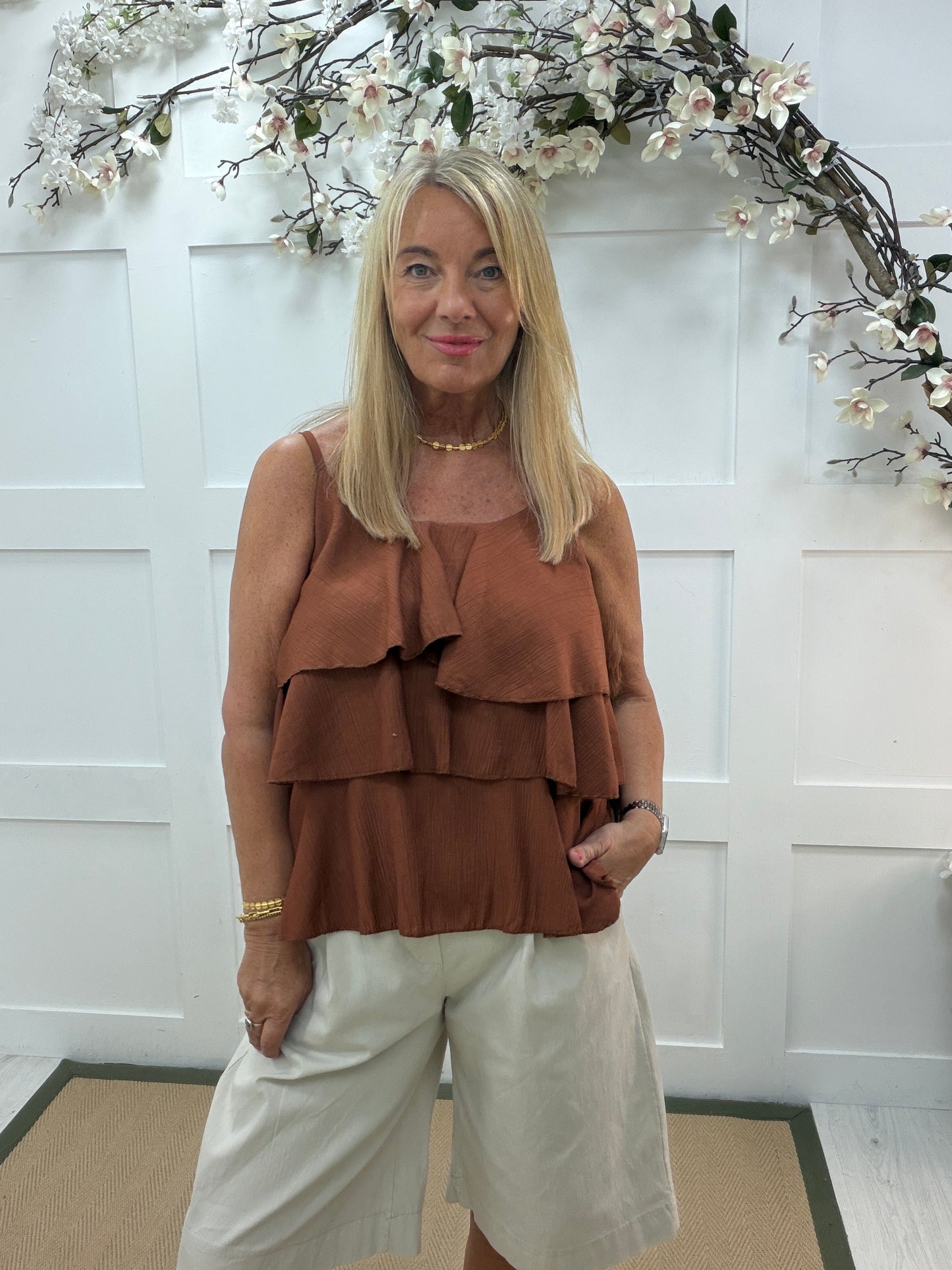 Riley: Ruffle strappy top. One size 10-16. 3 colours
