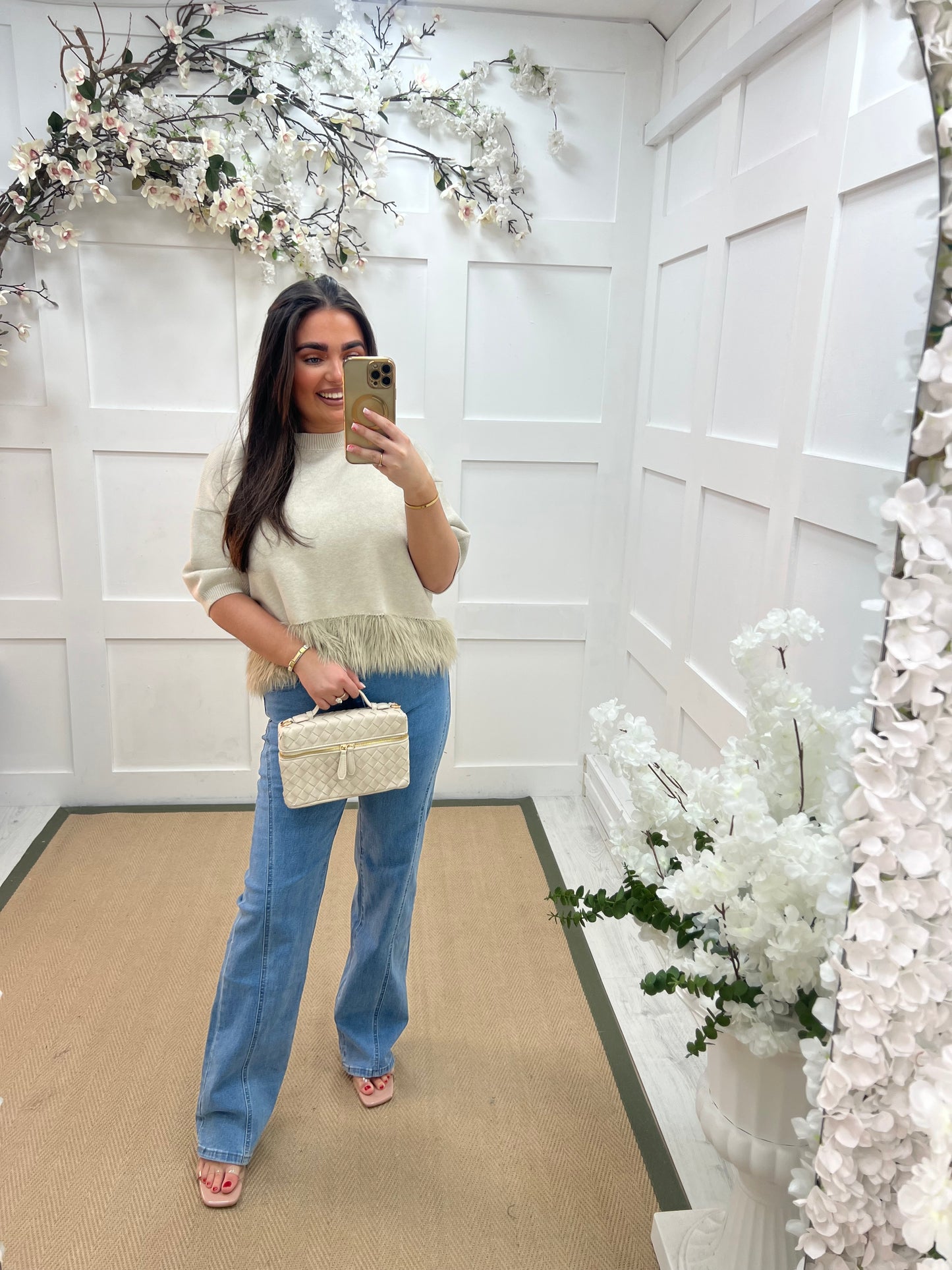 Honey: Beige fringe hem knit top. One size: 10-16