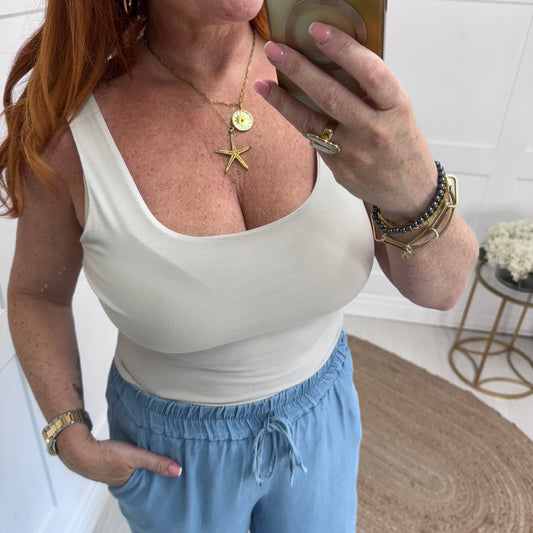 Abigail: Stretchy stone basic vest top. 2 sizes