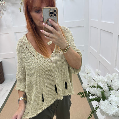 Kathy: Gold stretchy lurex ripped knit top. One size: 12-18