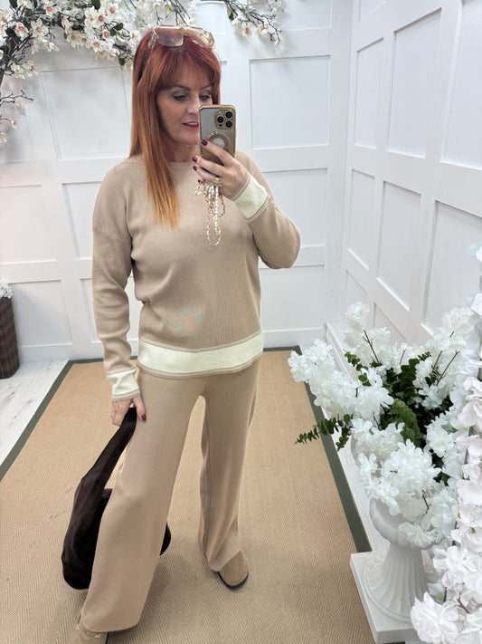 Daisy: Sand 2 piece knitted loungewear set. One size 10-16