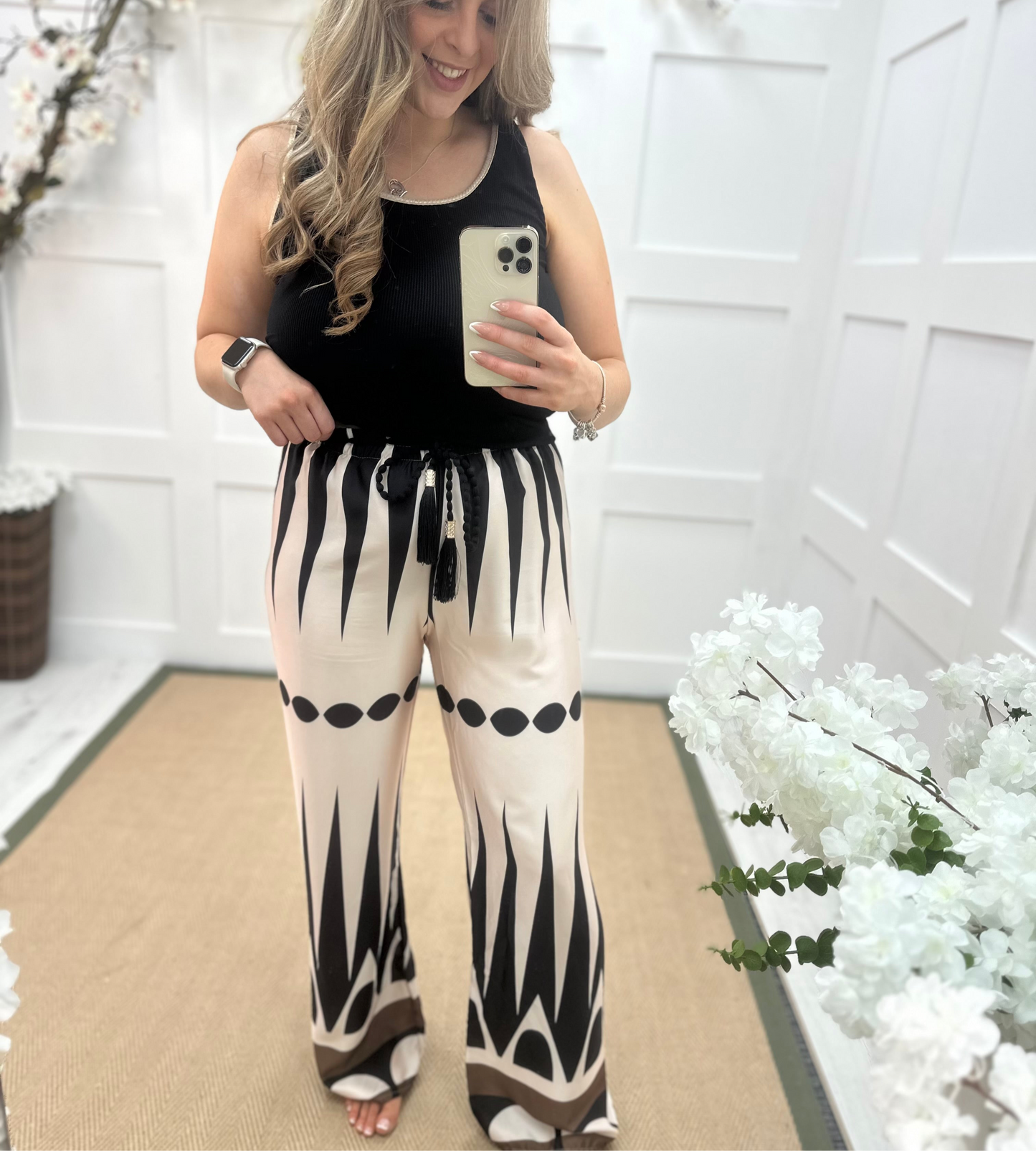 Diana: Cream & black printed wide leg trousers. One size: 10-16