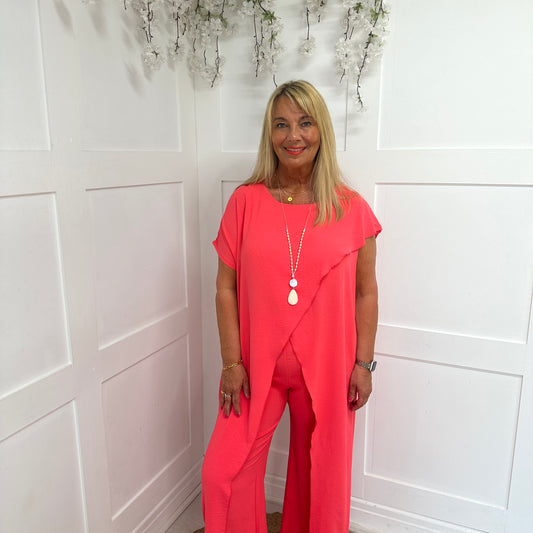 Jodie: Coral longline wide leg co-ord set. One size: 14-18
