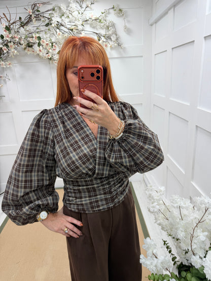 Tanya: Wrap style long balloon sleeve printed top. 3 sizes. 2 colours
