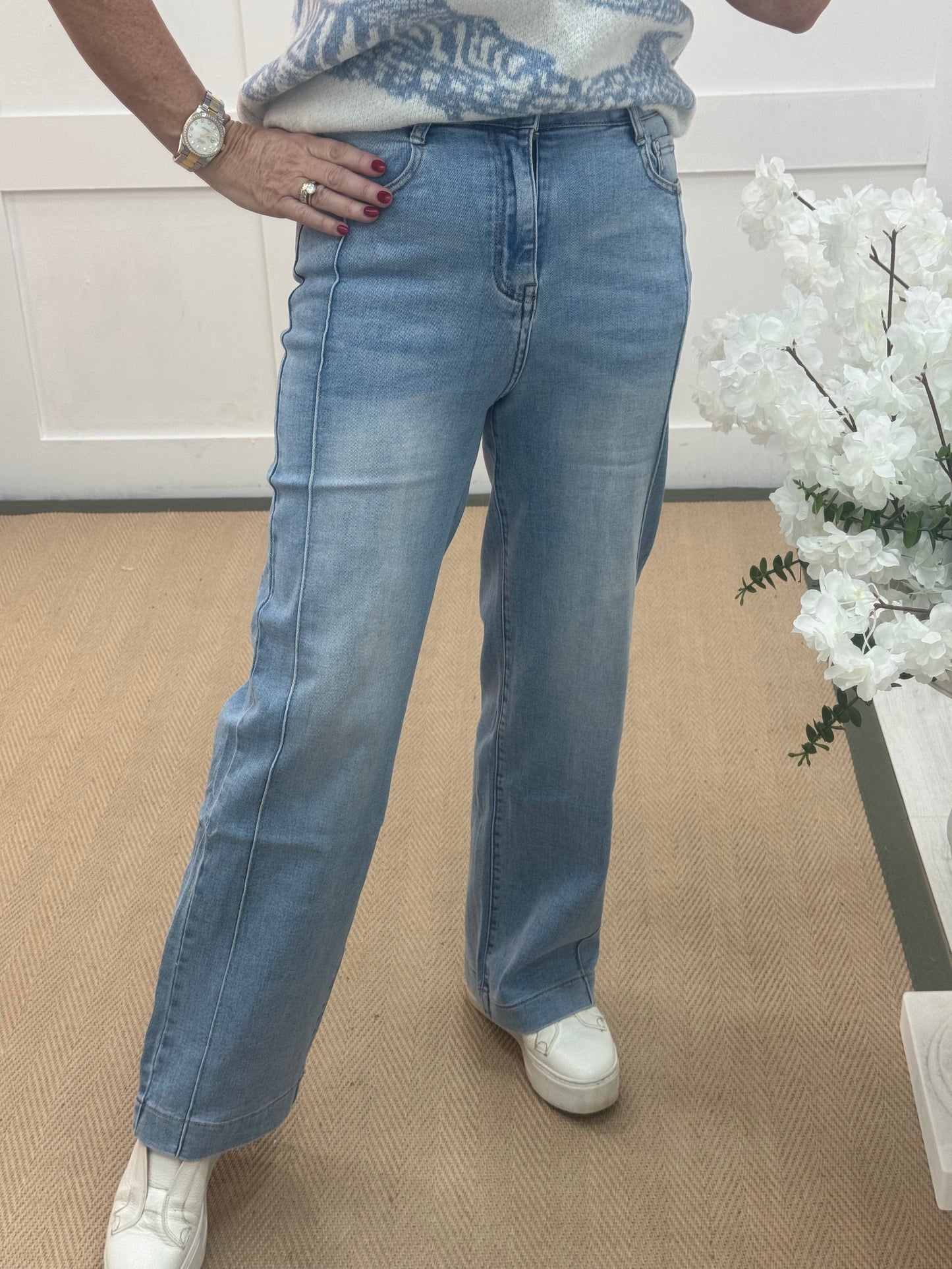 Nancy: Washed denim high waist wide leg jeans. Sizes: 8-18