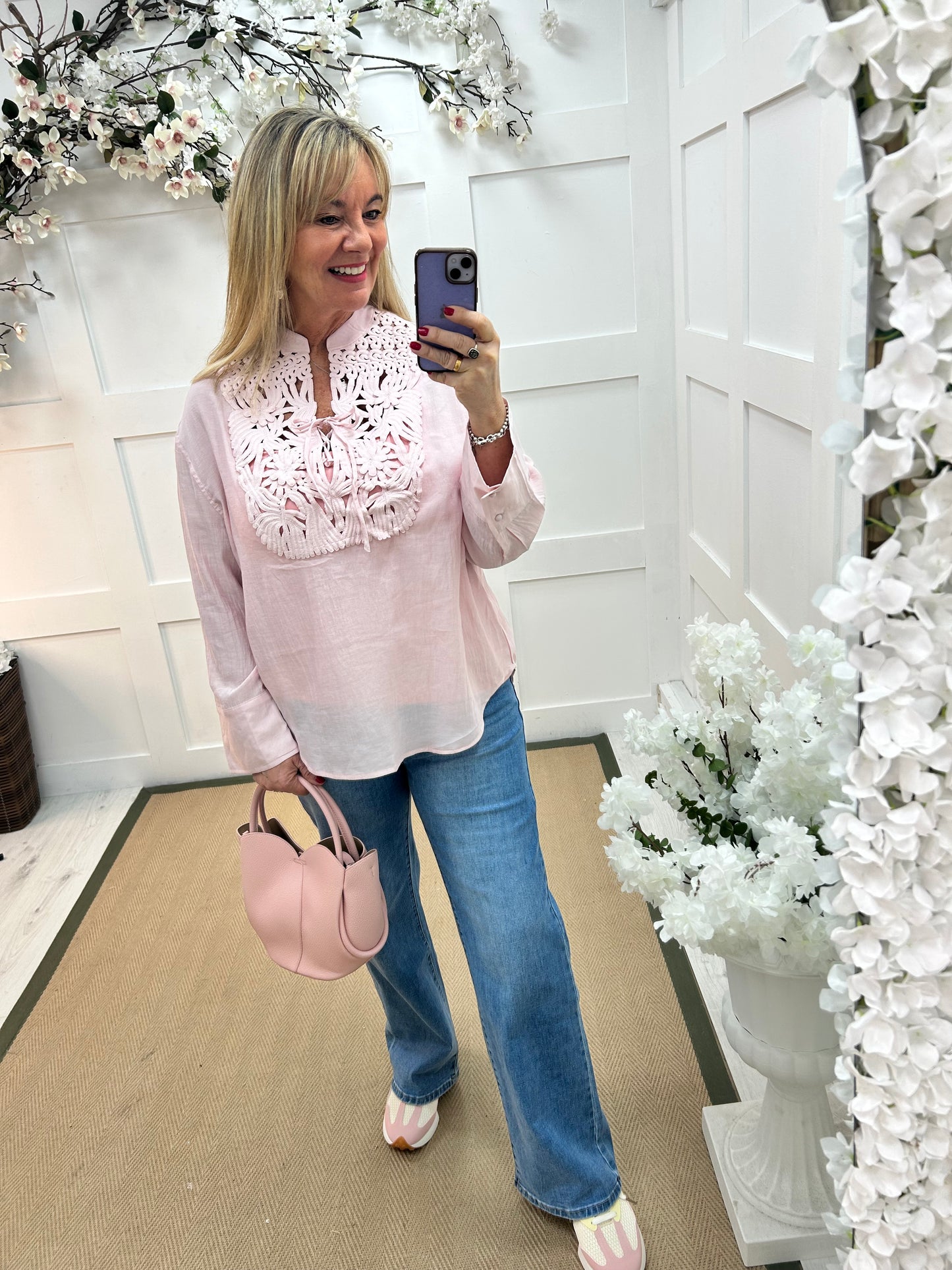 Natalie: Pink crochet tie front blouse top. One size: 14-18