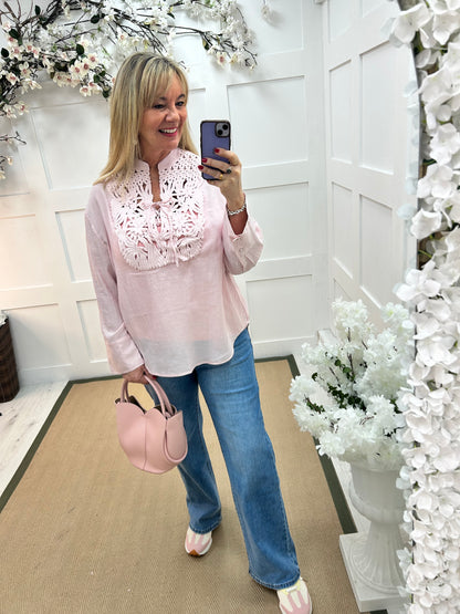 Natalie: Pink crochet tie front blouse top. One size: 14-18