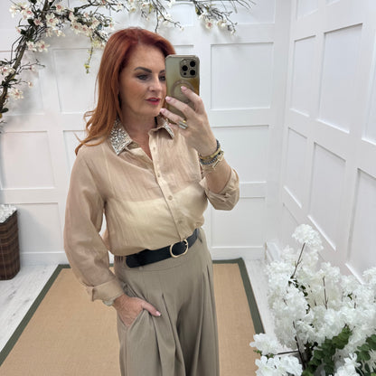 Zina: Taupe pocket wide leg trousers. One size: 8-14