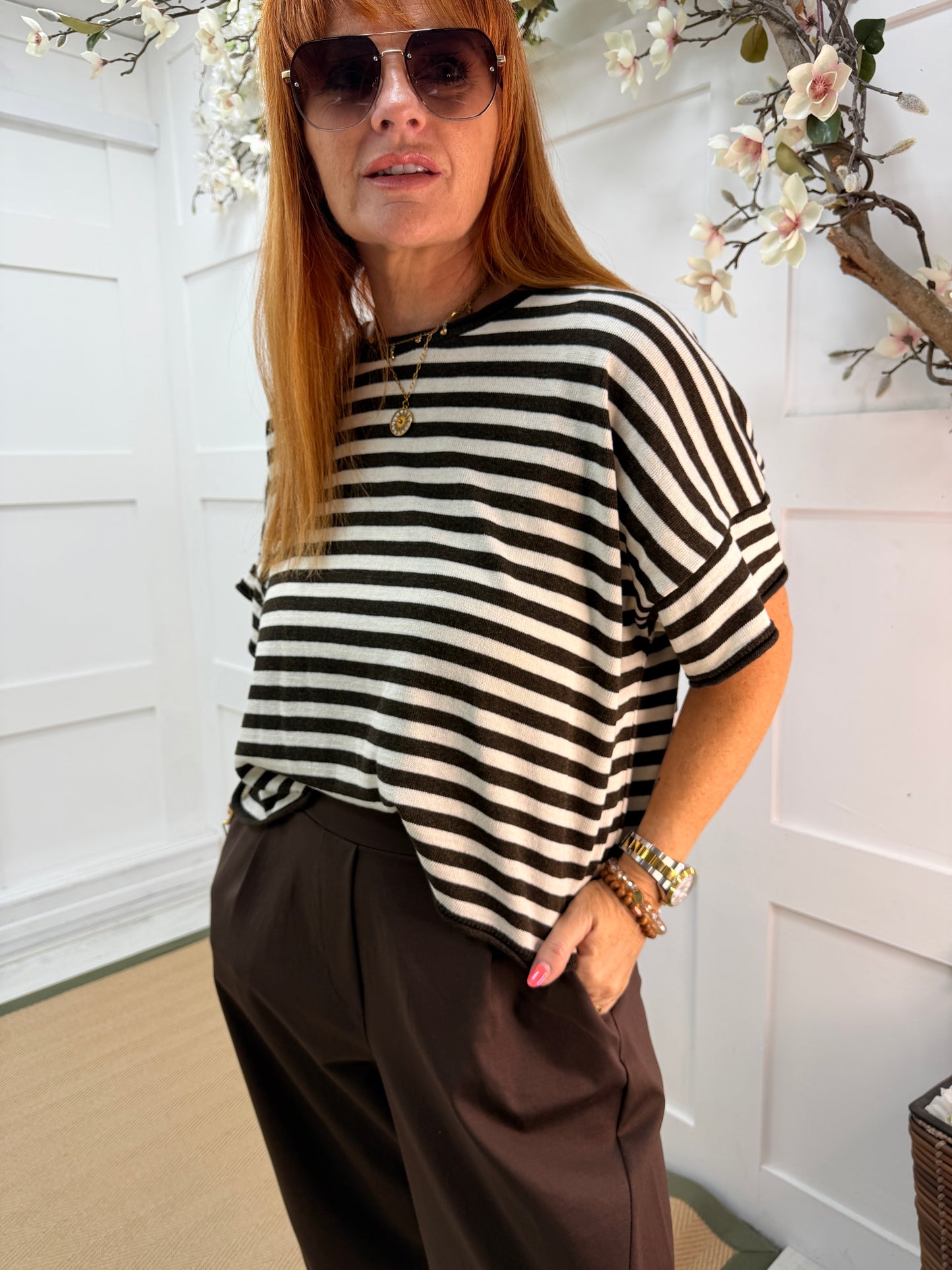 Suki: Short sleeve stripe knit top. One size: 12-18. 3 colours