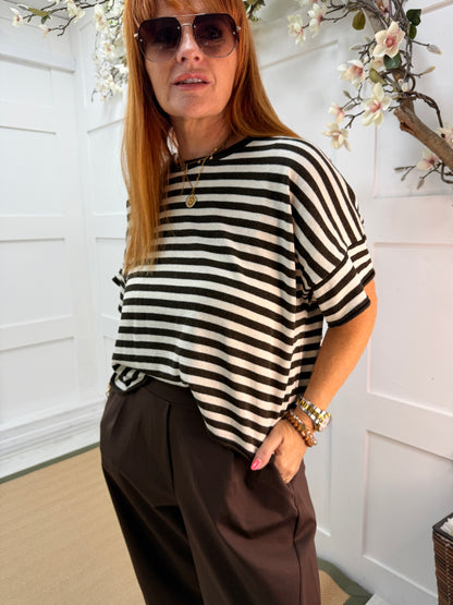 Suki: Short sleeve stripe knit top. One size: 12-18. 3 colours