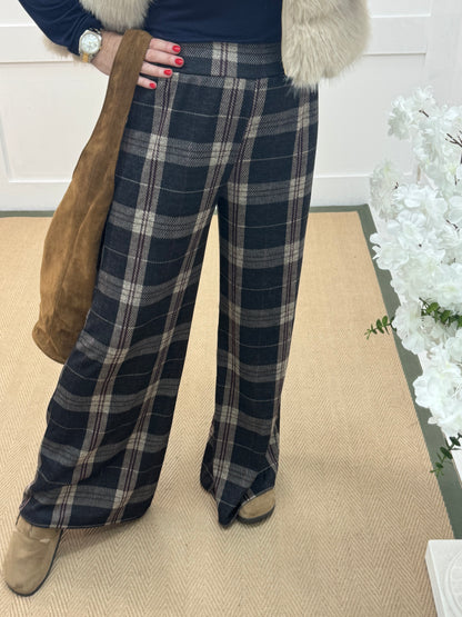 Tamara: Navy wide leg tartan check trousers. One size 10-16