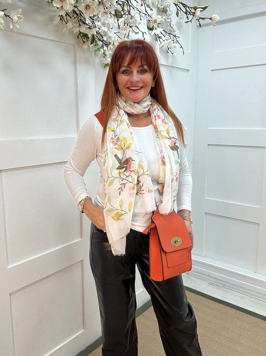 Robyn: White robin & blue tit bird scarf