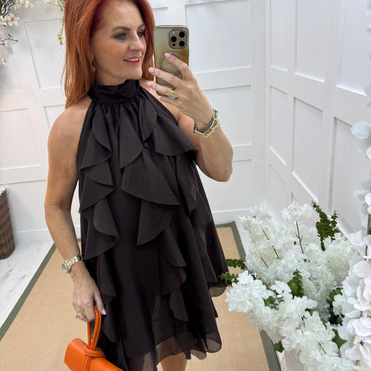 Kiki: Brown ruffle knee length dress. One size 10-16