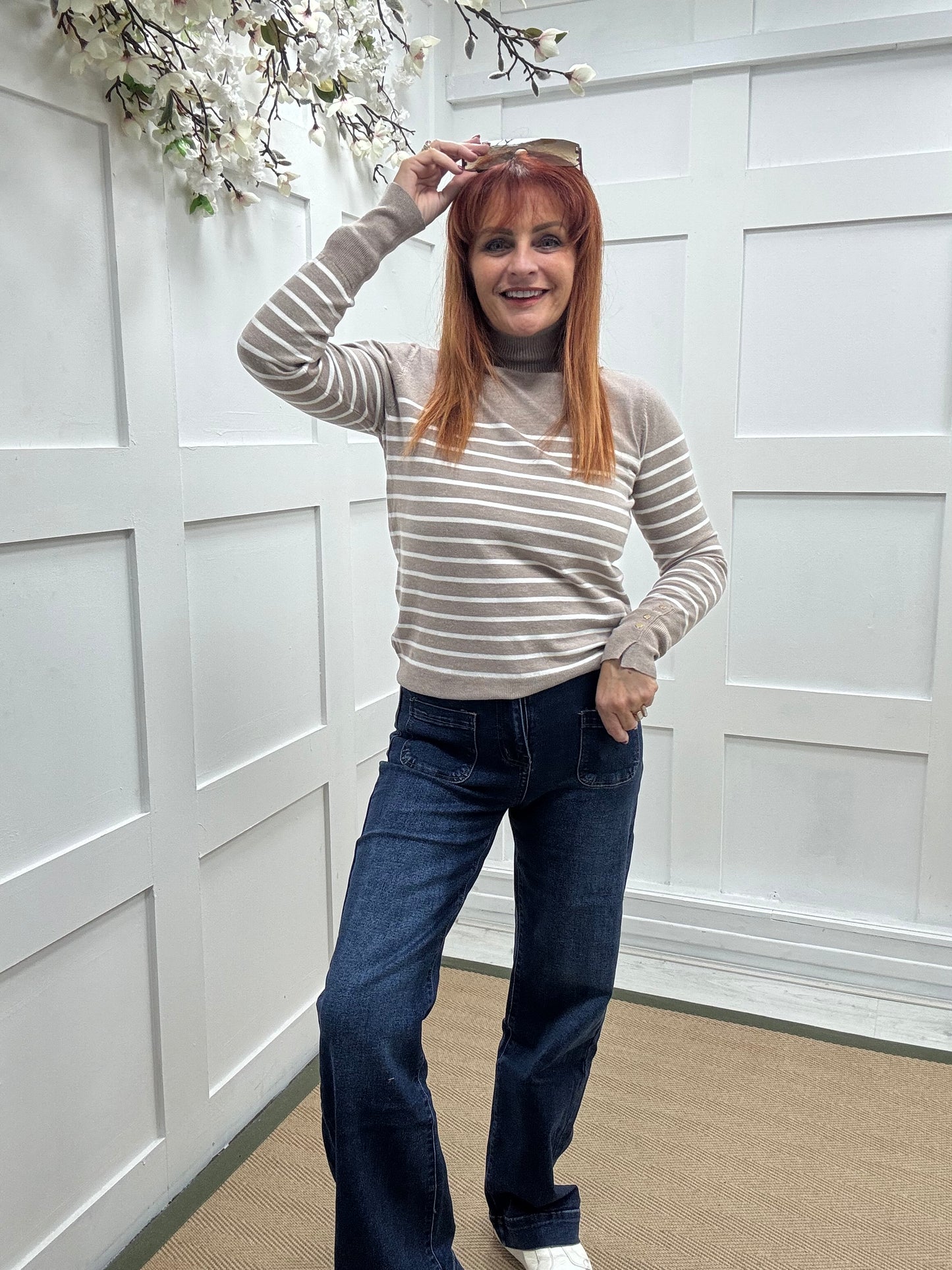Karina: Mocha & white striped polo neck top. One size 10-14