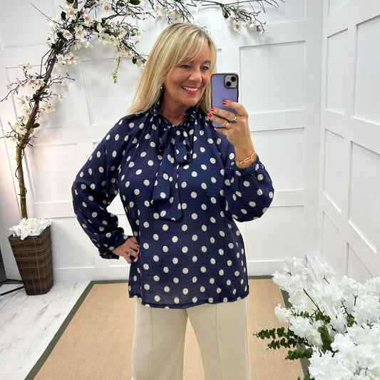 Dotty: Navy & cream spotty tie top. One size: 14-20