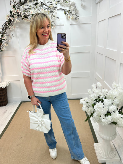 Cindy: Pink & white knitted top. One size: 12-16