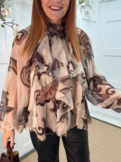 Paloma: Cream & brown abstract sheer ruffle blouse. One size: 10-16