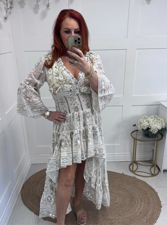 Purdy: White embroidered high low dress. One size: 12-16/18