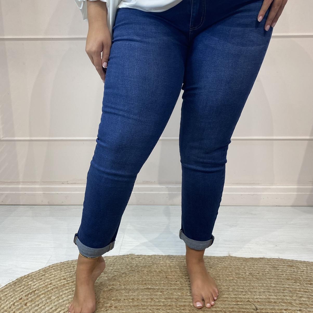 Cara: Blue high waisted straight leg jeans. Sizes 10-20