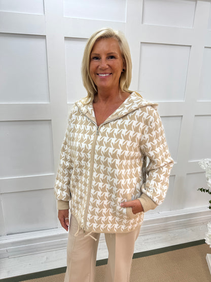 Allegra: Cream hooded zip up coatigan. One size: 12-18