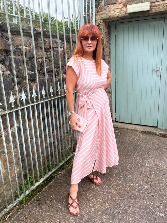 Roman: Wrap stripe midi dress. One size: 10-14. 2 colours