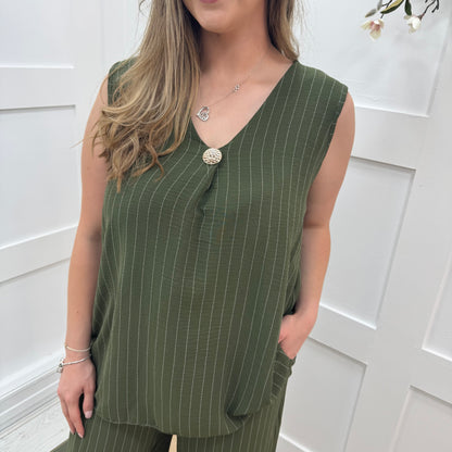 Sasha: Khaki pinstripe v neck top. One size: 16-22