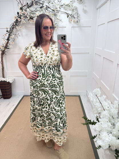 Poppy: Green V neck stretchy maxi dress. One size: 10-20