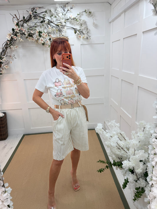 Petra: White diamanté handbag T shirt. One size: 12-18. 2 colours