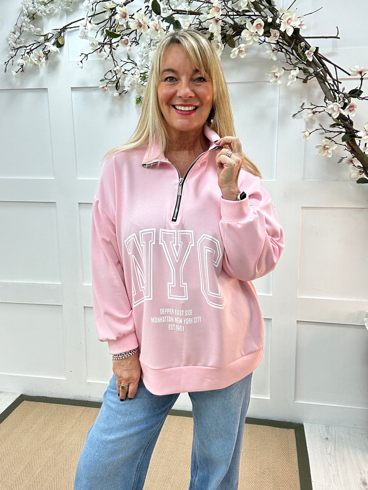 Nyla: Pink NYC half zip oversized sweater. One size: 14-20
