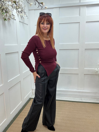Audra: Burgundy ruched gold button top. 2 sizes