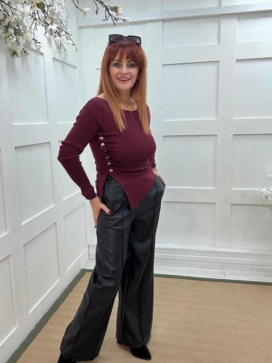 Audra: Burgundy ruched gold button top. 2 sizes
