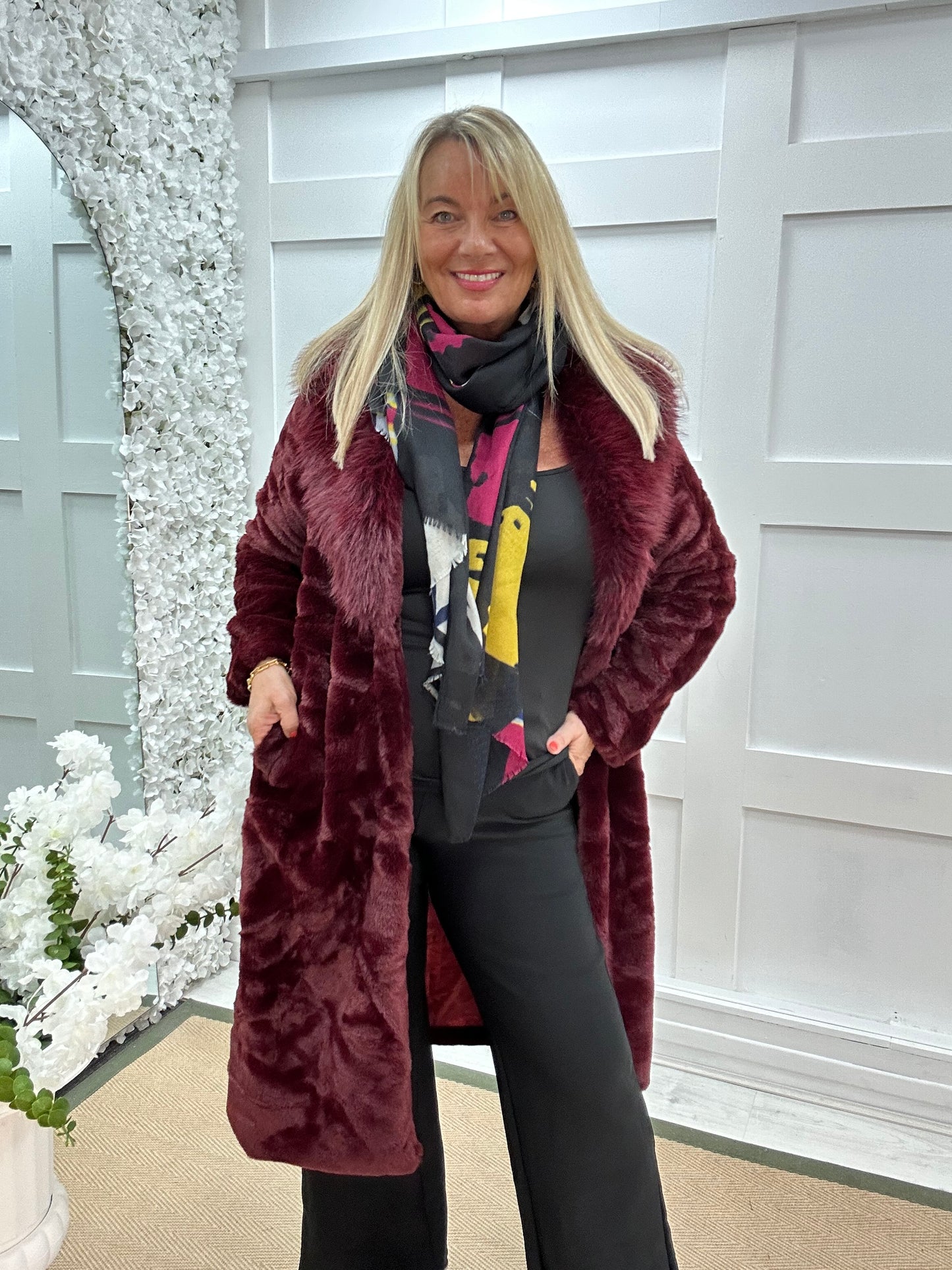 Madeleine: Burgundy long faux fur coat . One size 12-18