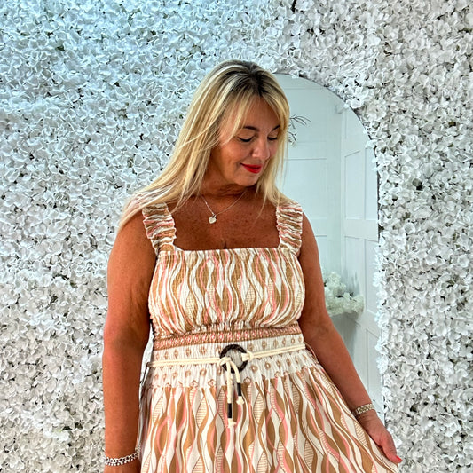 Katie: Latte & pink print maxi dress. One size 12-18