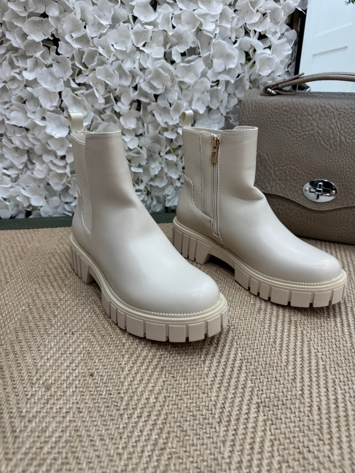 India: Cream chunky chelsea boots. Sizes 3-8