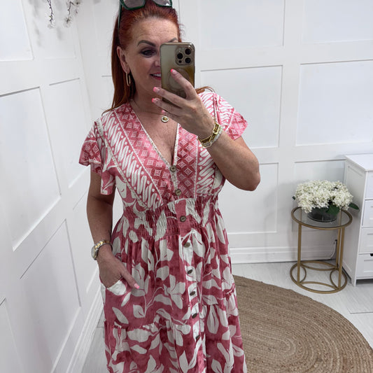 Jazmin: Pink & ivory stretchy V neck maxi dress. One size: 10-20