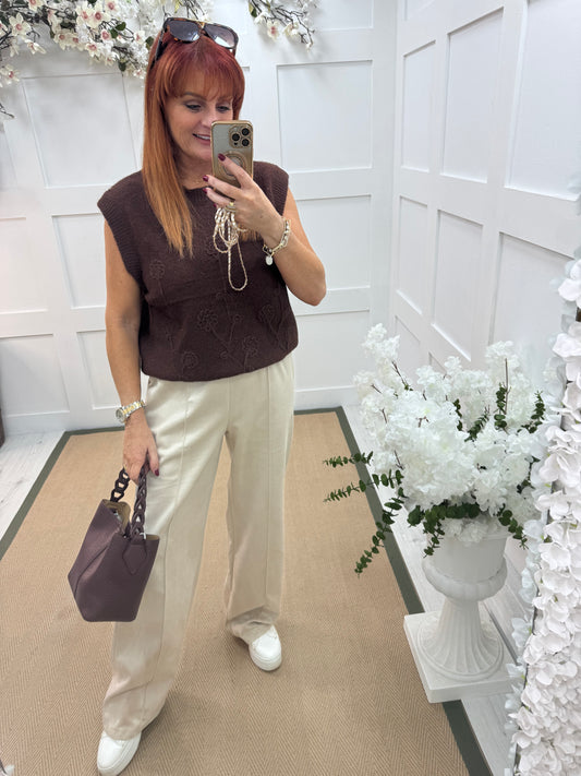 Sadie: Cream suedette wide leg pocket trousers. One size: 10-16