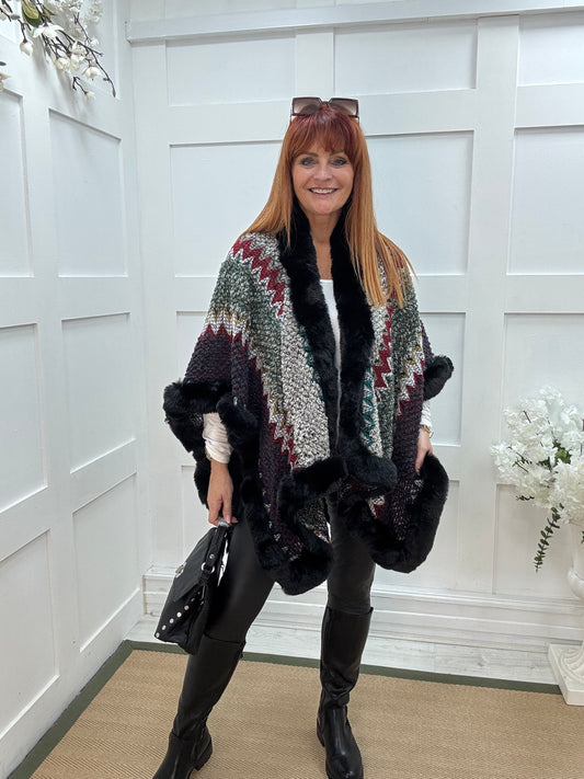 Paisley: Black faux fur multicoloured cape. Free size