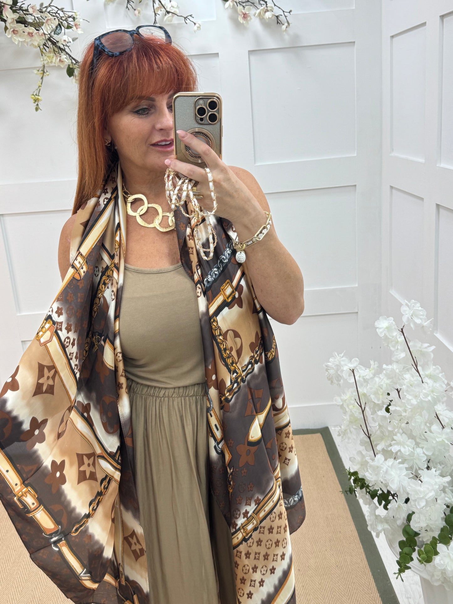 Ali: Brown chain designer inspired silk scarf