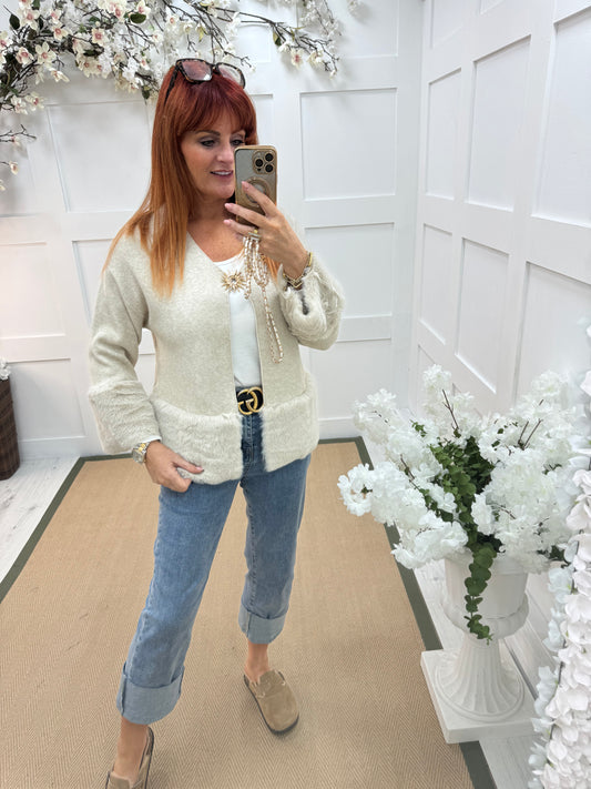 Pixi: Oatmeal faux fur & gold buckle coatigan. One size: 12-18