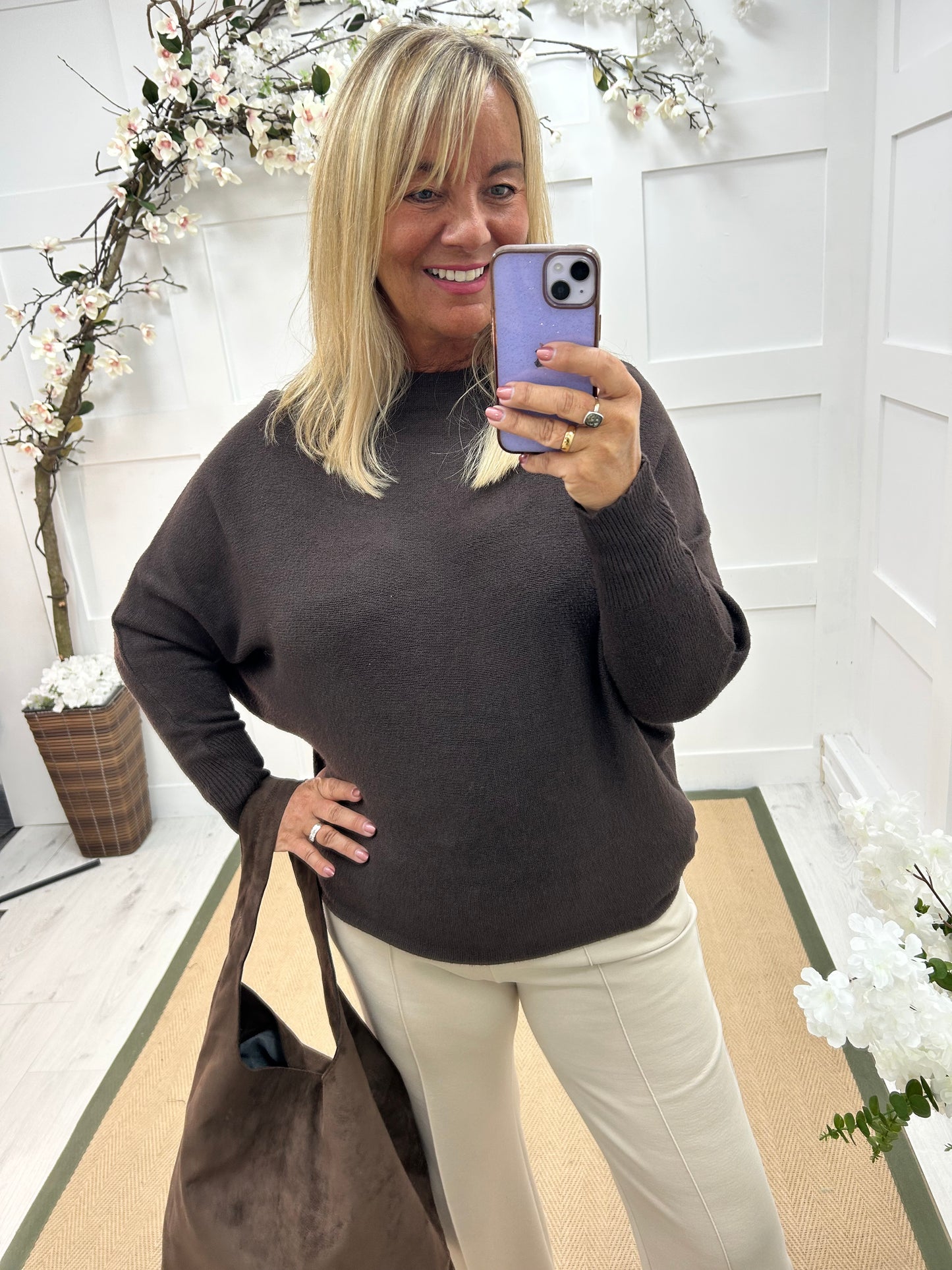 Sammi: Dark brown batwing knitted top. One size: 12-18/20