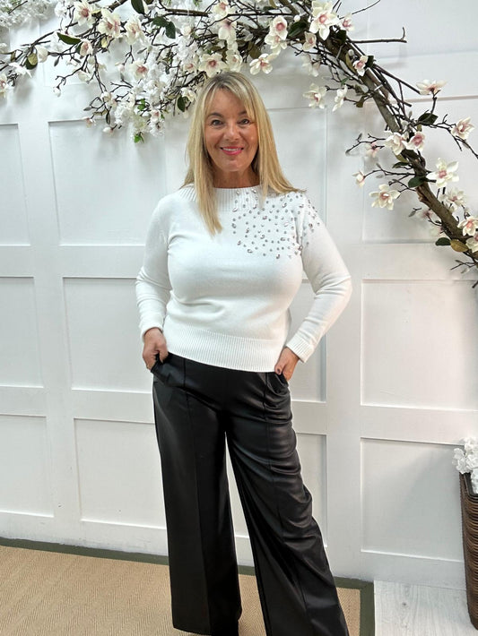 Lois: White rhinestone shoulder knit. One size: 12-16