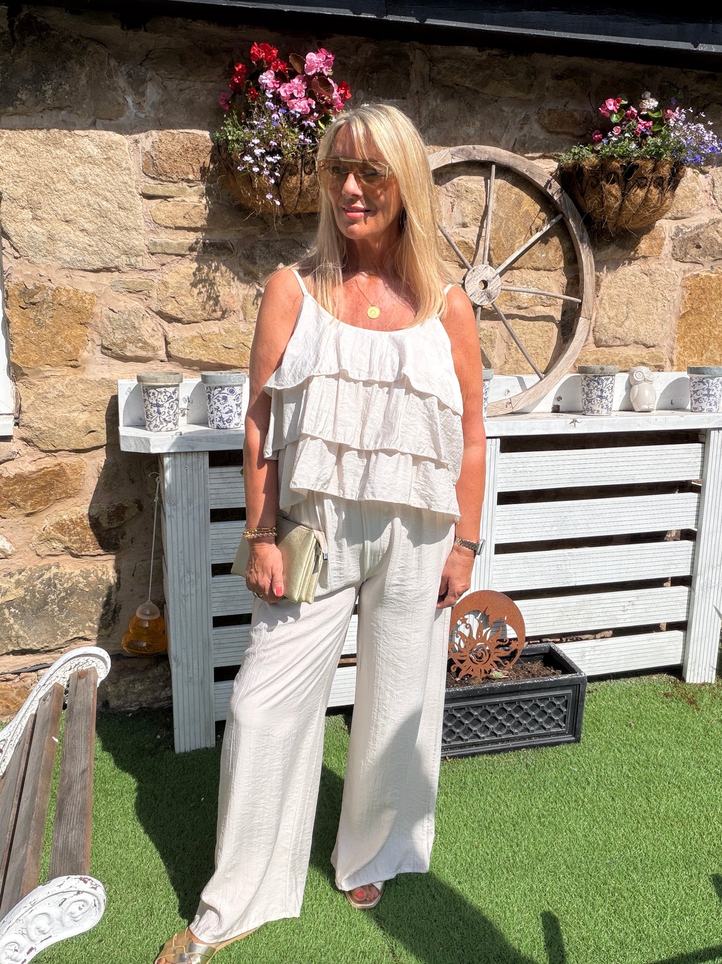 Reagan: Ruffle top and wide leg trouser co ord set. One size: 10-16. 5 colours